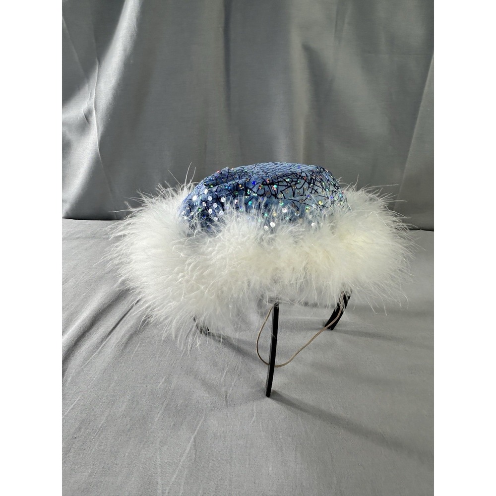 Festive Custom Pillbox Hat Blue Iridescent Feather Trim Dance Theater Costume